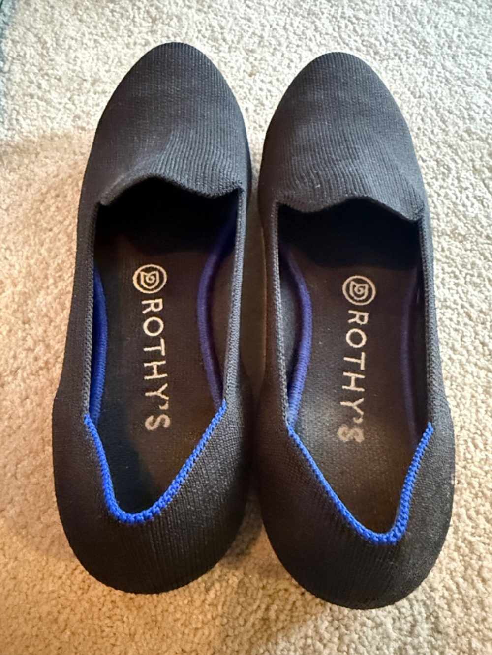 Rothy's Black Slip-On Flats with Blue Trim (barely worn)